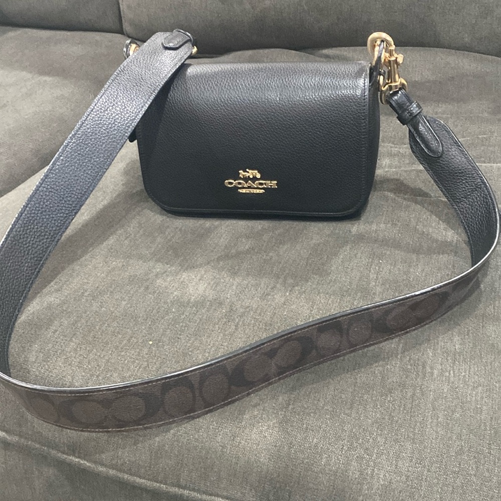 Coach Black Pebbled Leather Crossbody with Signature Strap and Gold Hardware